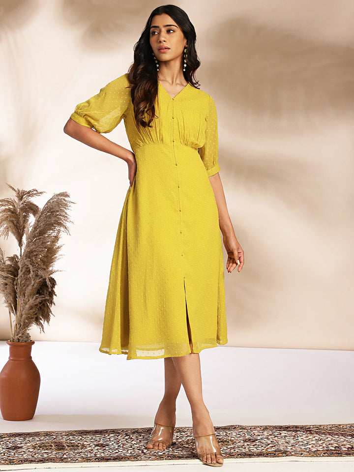 Mustard Dobby Chiffon Woven Design A-Line Dress  - By Janasya