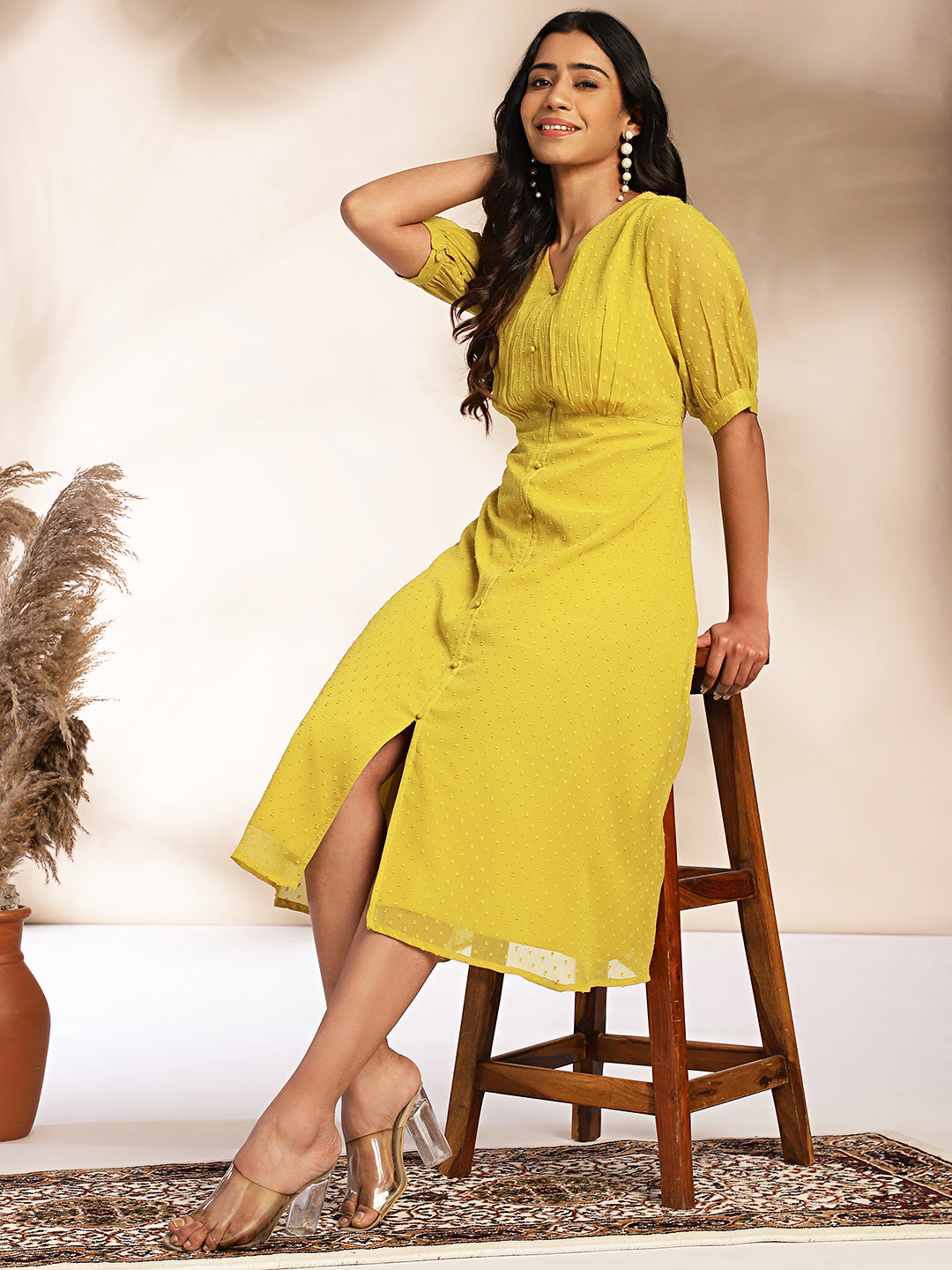 Mustard Dobby Chiffon Woven Design A-Line Dress  - By Janasya