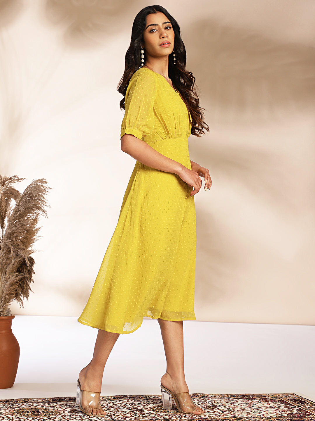 Mustard Dobby Chiffon Woven Design A-Line Dress  - By Janasya