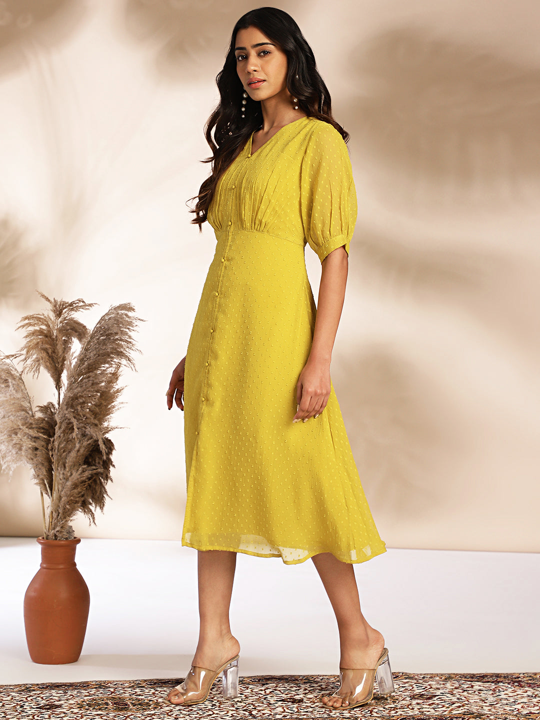 Mustard Dobby Chiffon Woven Design A-Line Dress  - By Janasya