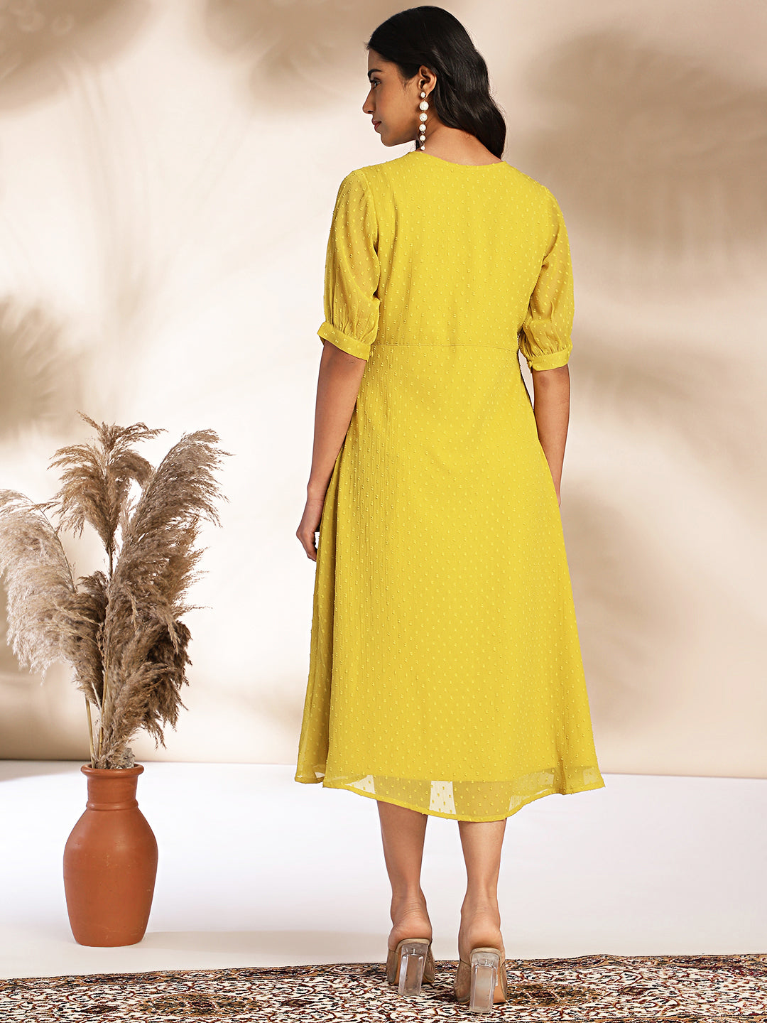 Mustard Dobby Chiffon Woven Design A-Line Dress  - By Janasya