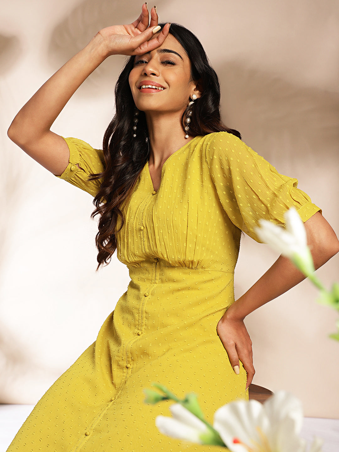 Mustard Dobby Chiffon Woven Design A-Line Dress  - By Janasya