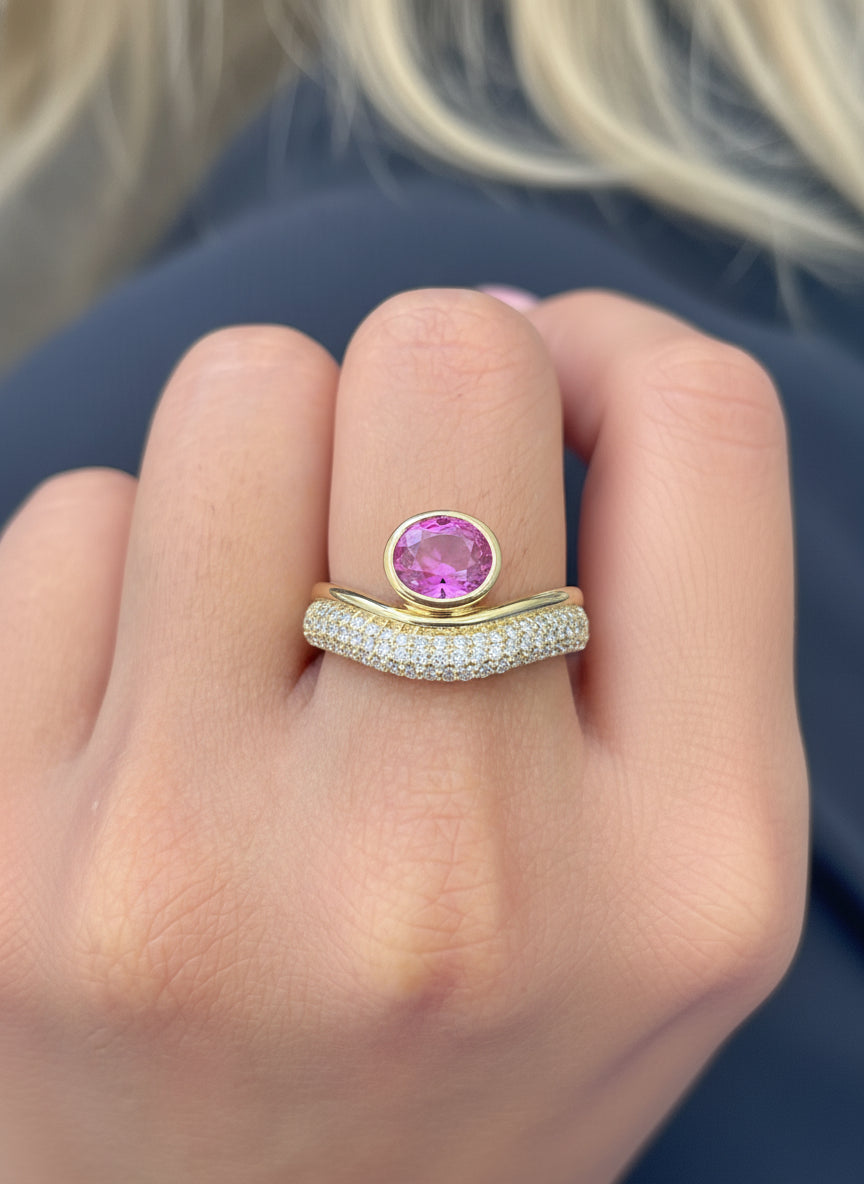JPRG-3441/8817 Pink Sapphire Oval Bezel Set Diamond Wave Ring