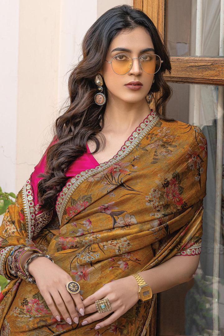 Excellent Viscose Fabric Mustard Color Saree With Printed Work