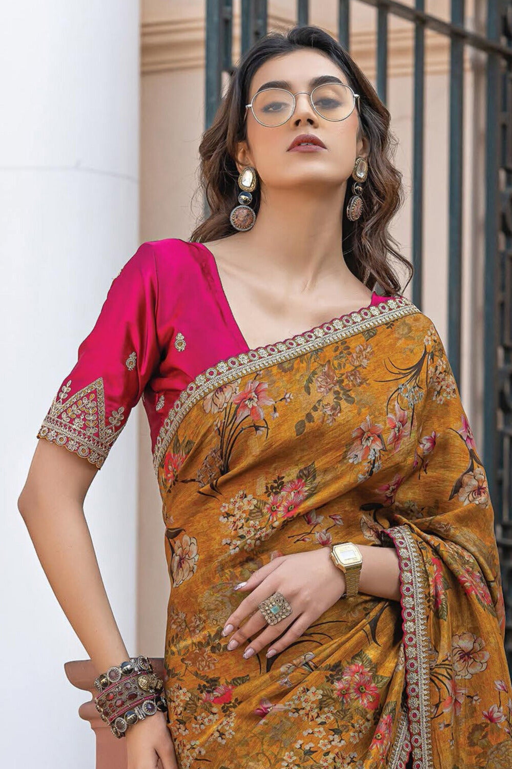 Excellent Viscose Fabric Mustard Color Saree With Printed Work