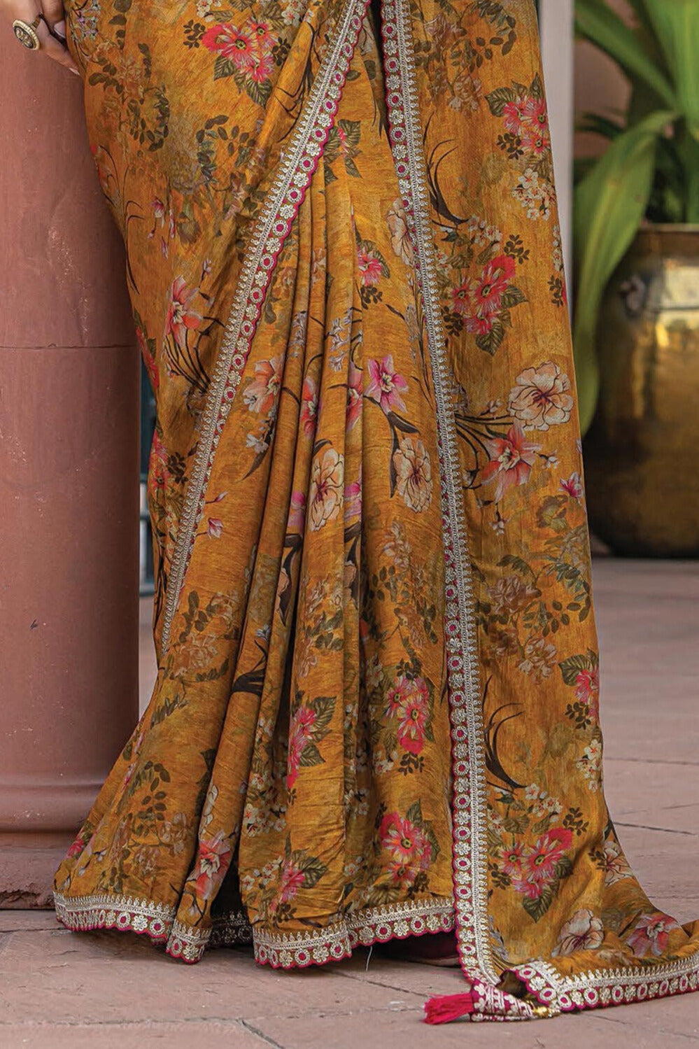 Excellent Viscose Fabric Mustard Color Saree With Printed Work