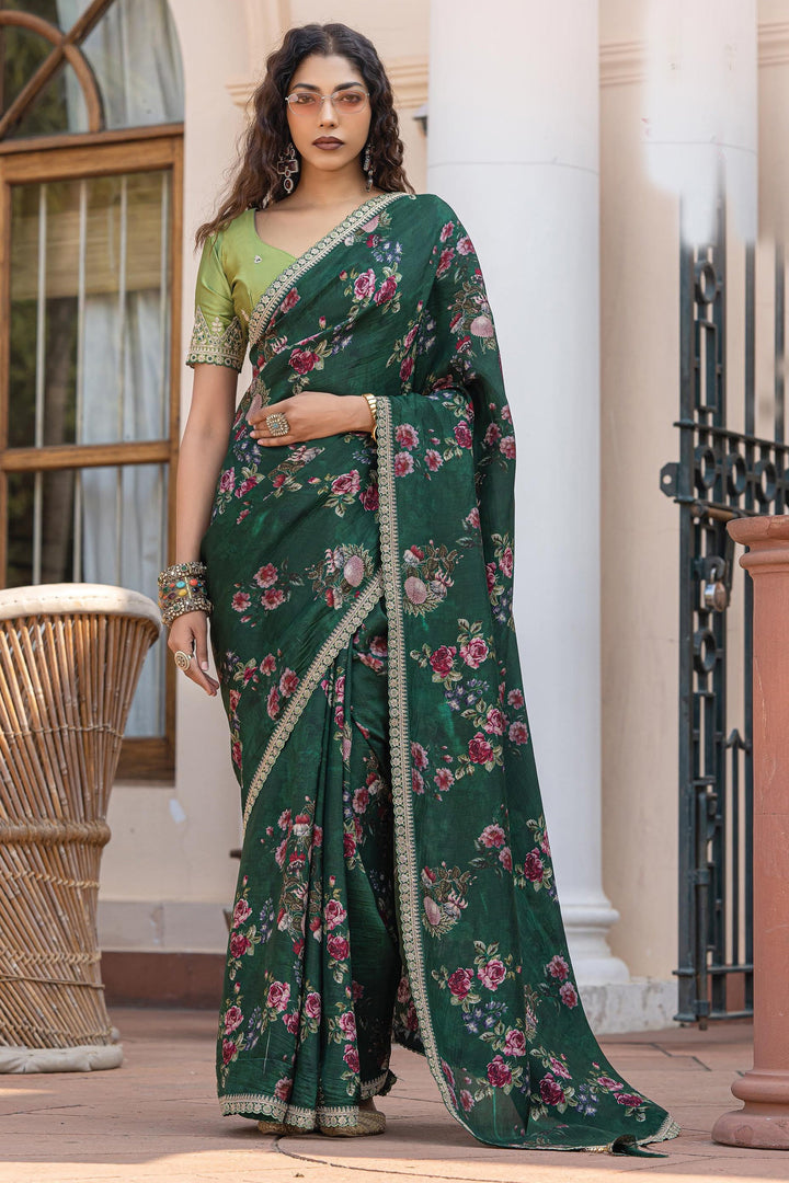 Green Color Printed Work On Viscose Fabric Stunning Saree