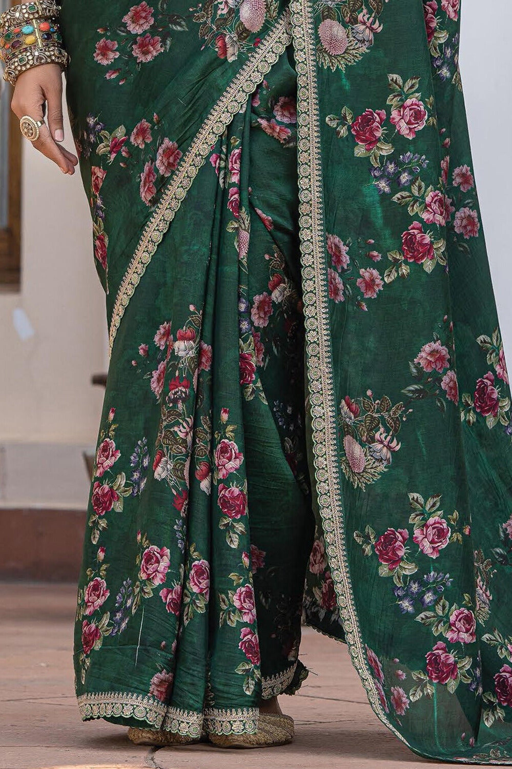 Green Color Printed Work On Viscose Fabric Stunning Saree