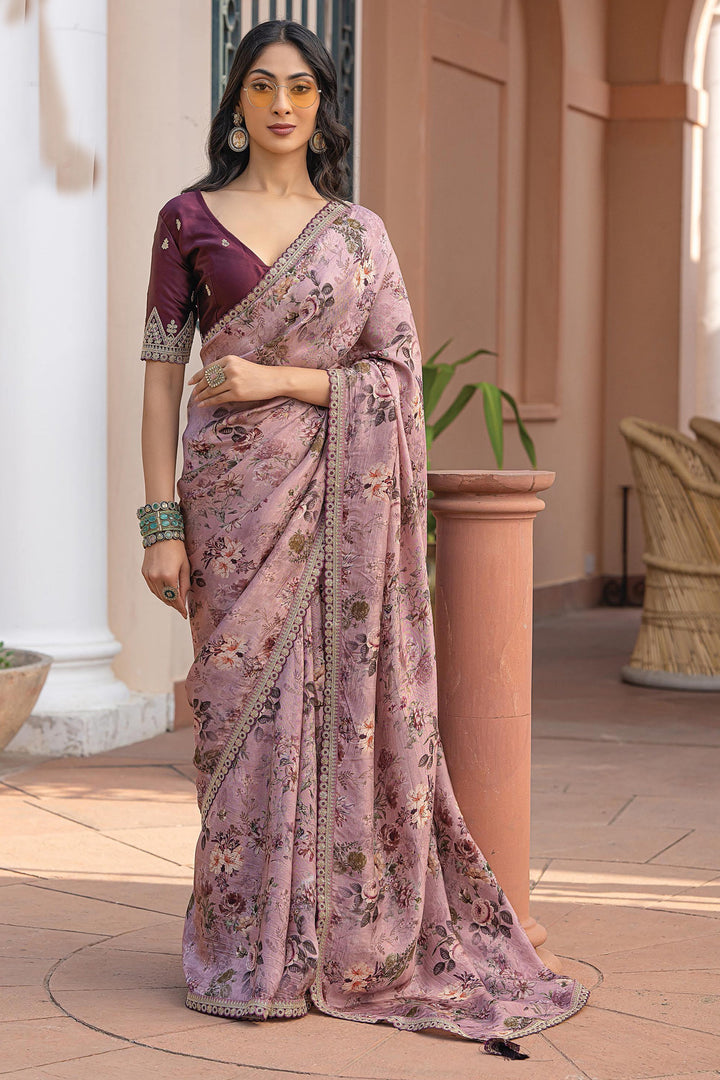 Beguiling Printed Work On Pink Color Viscose Fabric Saree