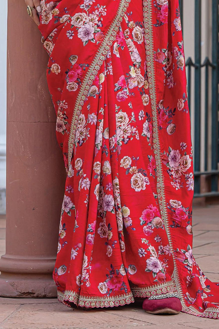 Incredible Printed Work On Viscose Fabric Red Color Saree