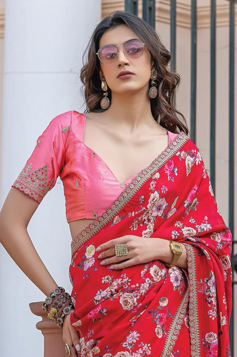 Incredible Printed Work On Viscose Fabric Red Color Saree