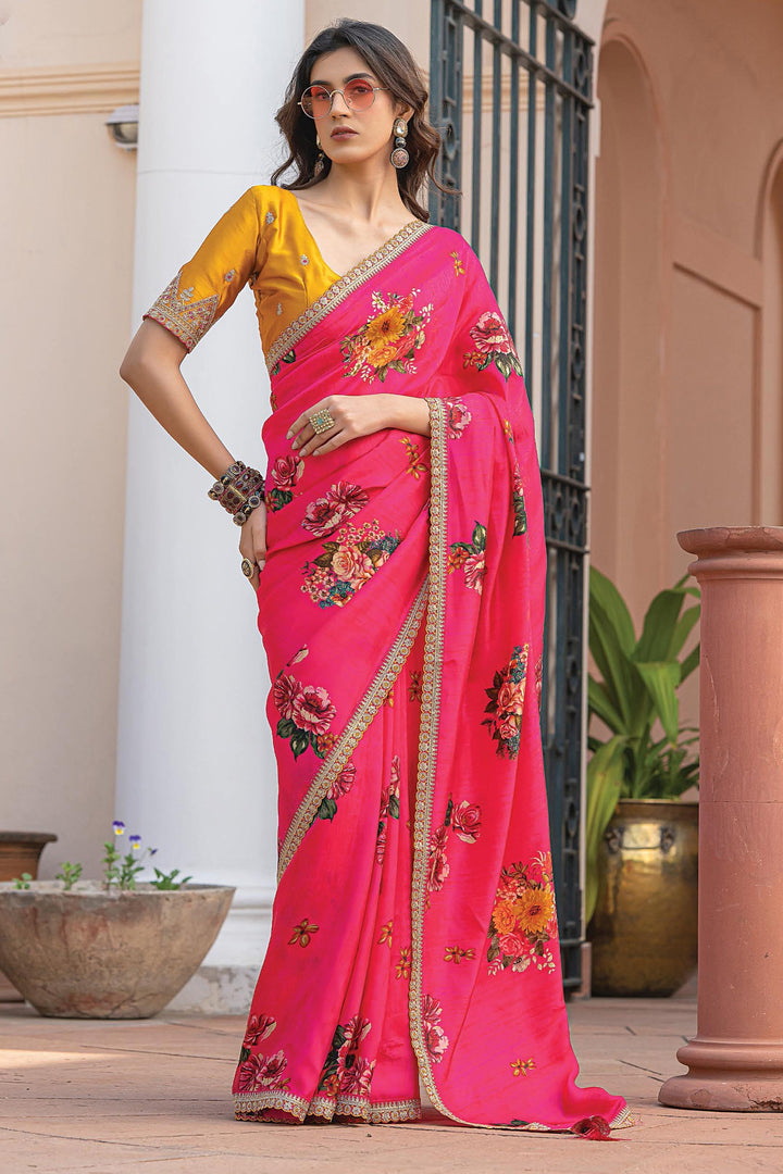 Tempting Rani color saree with printed work on soft viscose fabric