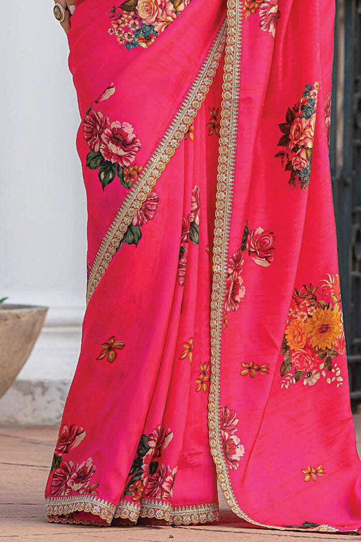 Beautifully crafted Rani color saree with eye-catching printed work