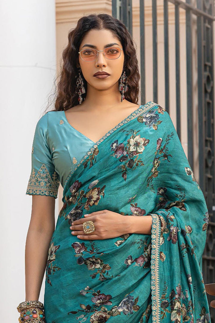 Viscose Fabric Sea Green Color Delicate Saree With Printed Work