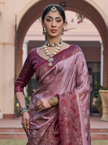 Women's Satin Silk Blend Mauve Woven Design Designer Saree With Blouse Piece