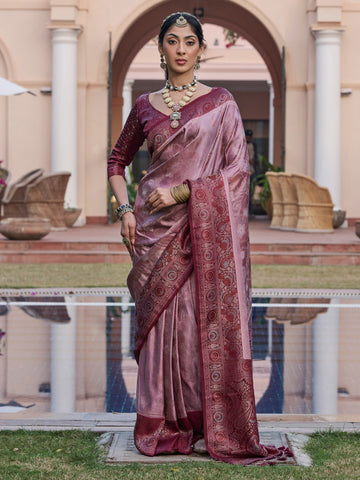 Women's Satin Silk Blend Mauve Woven Design Designer Saree With Blouse Piece