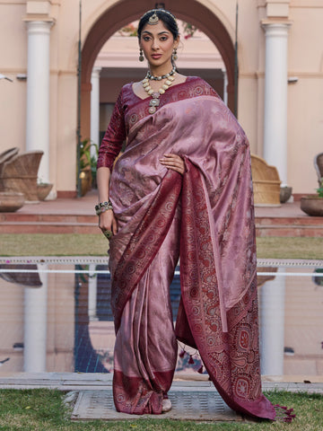 Women's Satin Silk Blend Mauve Woven Design Designer Saree With Blouse Piece