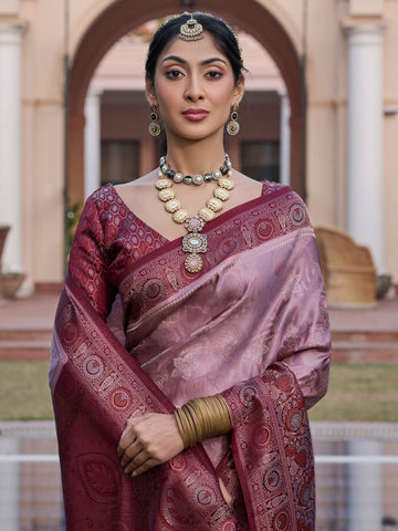 Women's Satin Silk Blend Mauve Woven Design Designer Saree With Blouse Piece