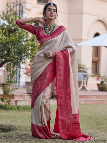 Women's Satin Silk Blend Cream Woven Design Designer Saree With Blouse Piece