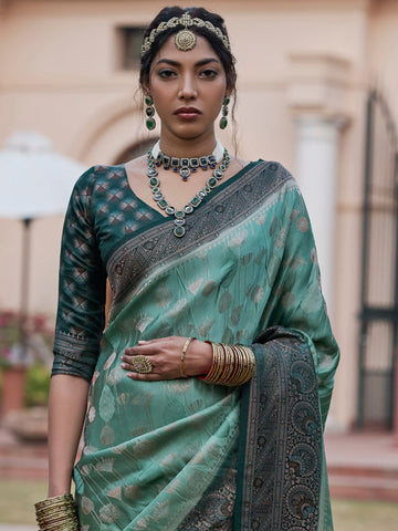 Women's Satin Silk Blend Sea Green Woven Design Designer Saree With Blouse Piece