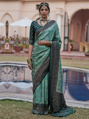 Women's Satin Silk Blend Sea Green Woven Design Designer Saree With Blouse Piece