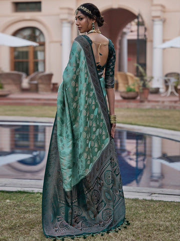 Women's Satin Silk Blend Sea Green Woven Design Designer Saree With Blouse Piece