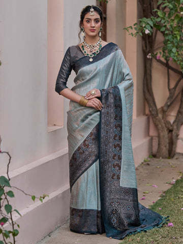 Women's Satin Silk Blend Light Blue Woven Design Designer Saree With Blouse Piece