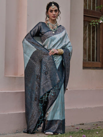 Women's Satin Silk Blend Light Blue Woven Design Designer Saree With Blouse Piece