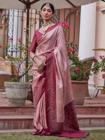 Women's Satin Silk Blend Rose Gold Woven Design Designer Saree With Blouse Piece