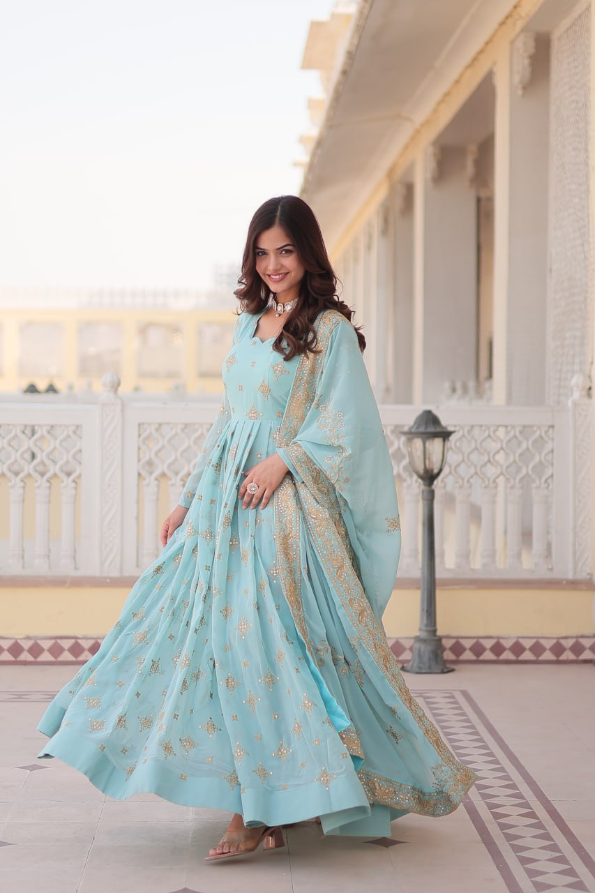 Sky Color aux Georgette with Zari & Sequins Embroidery Gown