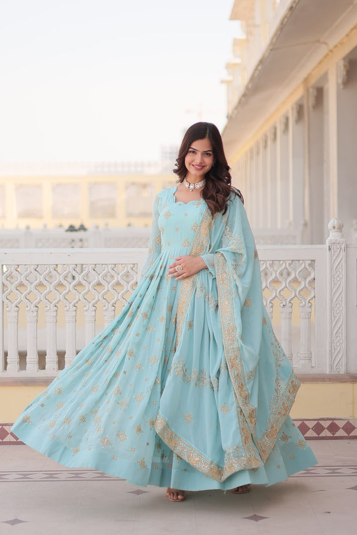 Sky Color aux Georgette with Zari & Sequins Embroidery Gown