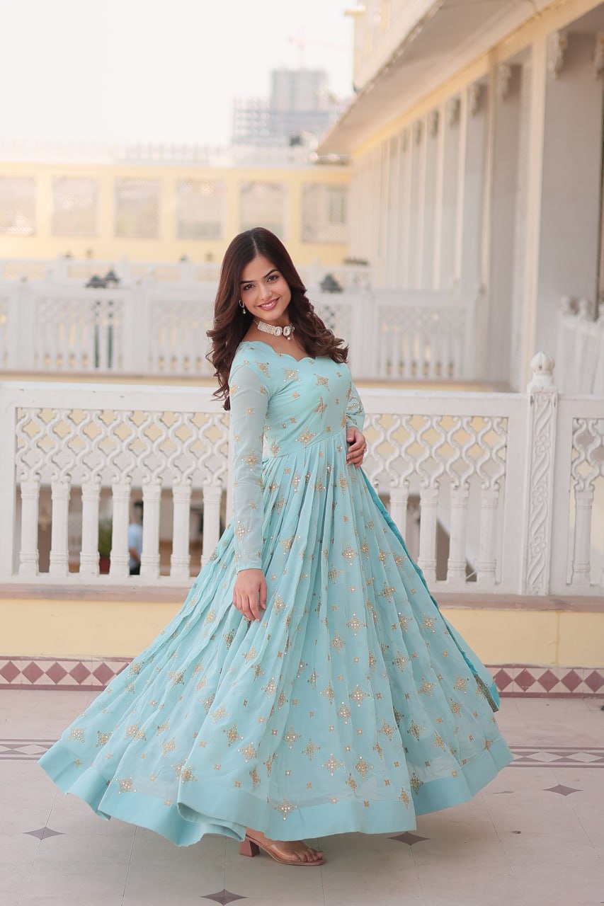 Sky Color aux Georgette with Zari & Sequins Embroidery Gown