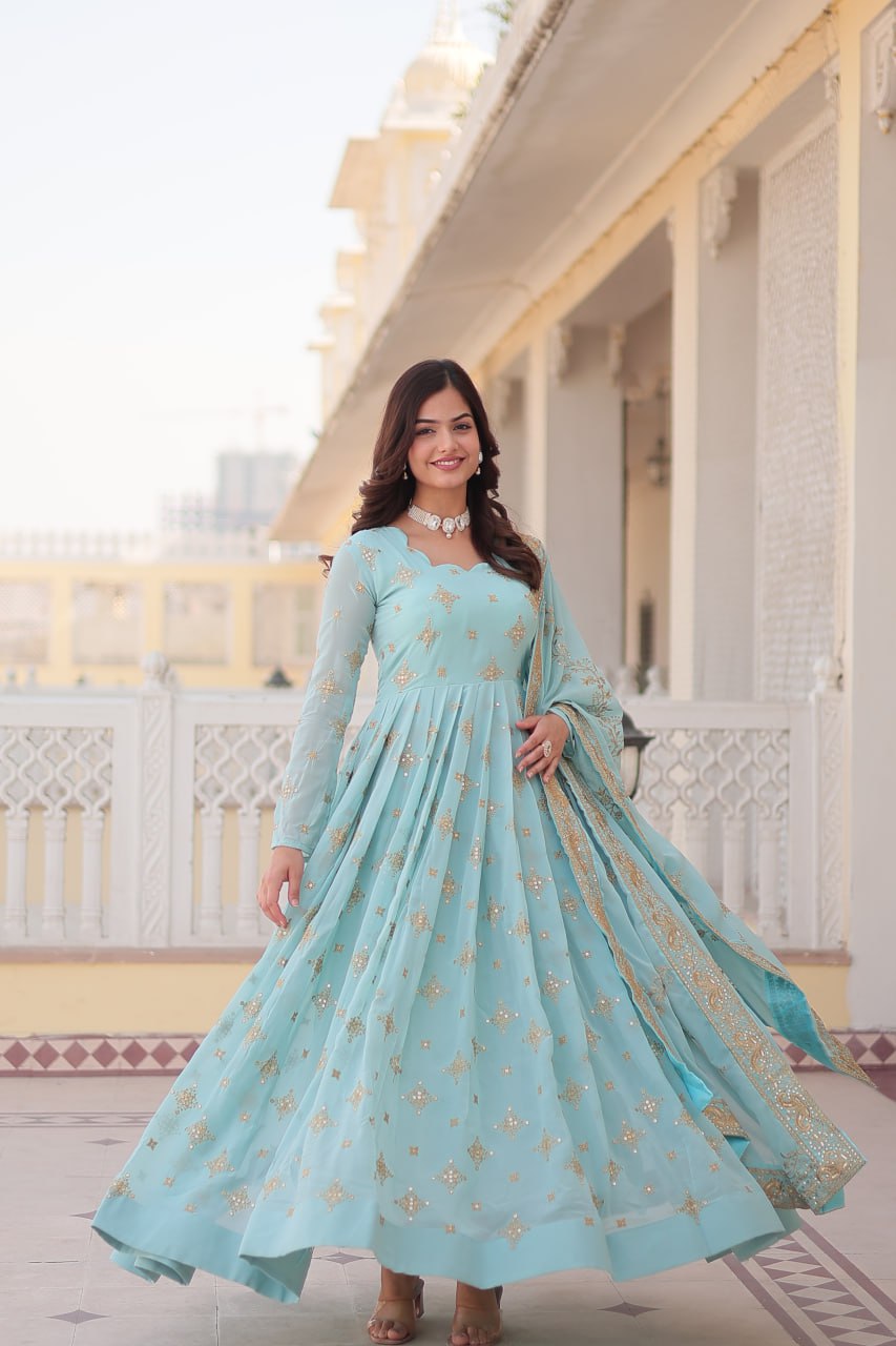 Sky Color aux Georgette with Zari & Sequins Embroidery Gown