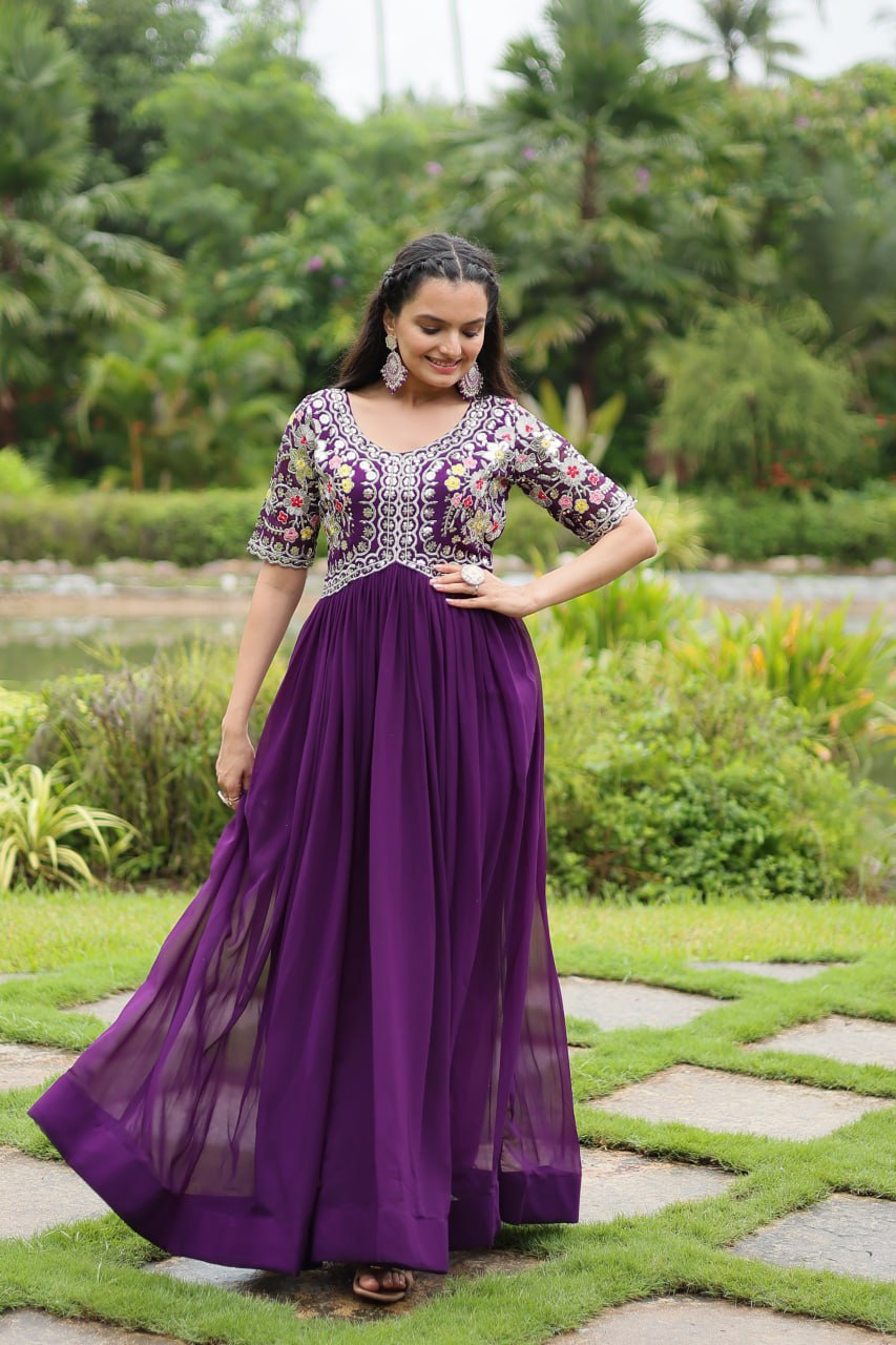 Purple Faux Blooming with Embroidery Zari Sequins-work