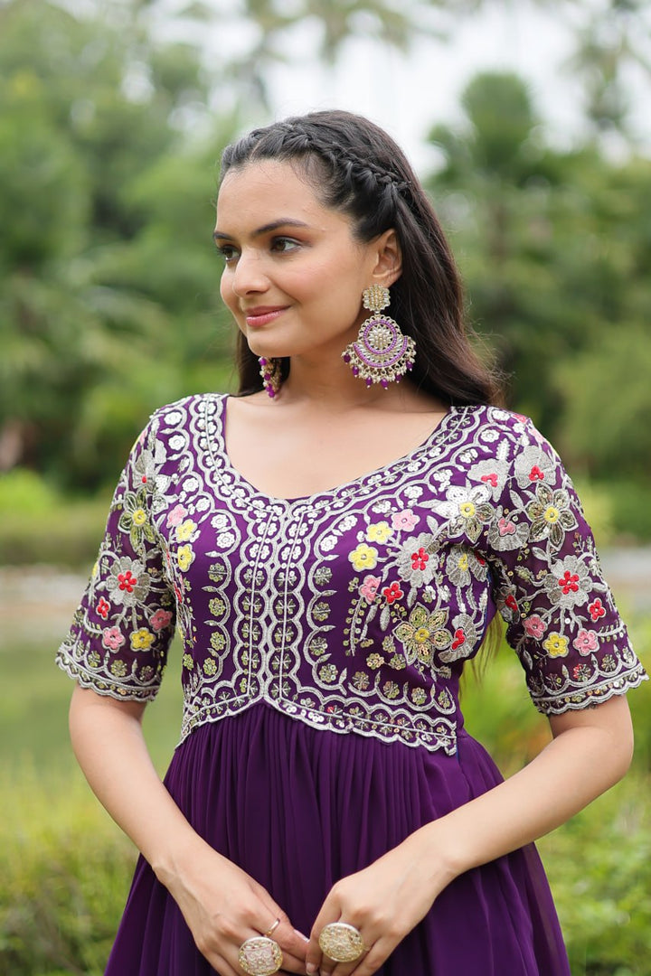 Purple Faux Blooming with Embroidery Zari Sequins-work