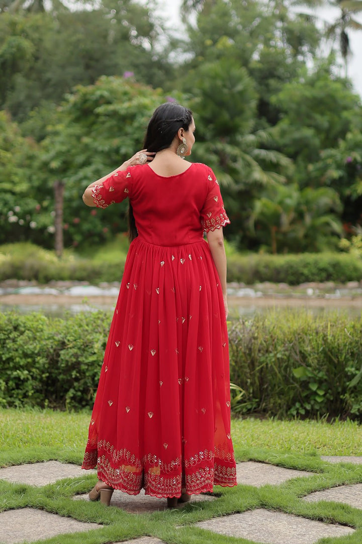 Maroon Color  Faux Blooming with Embroidery Zari Sequins-work Gown