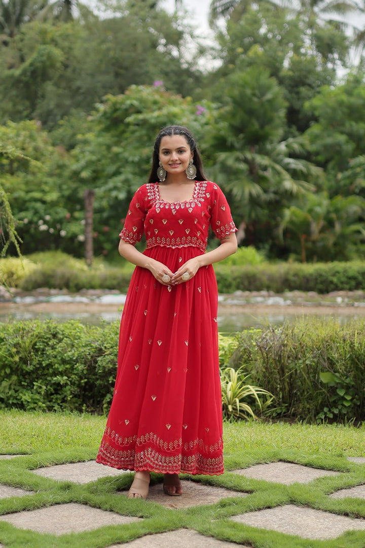 Maroon Color  Faux Blooming with Embroidery Zari Sequins-work Gown