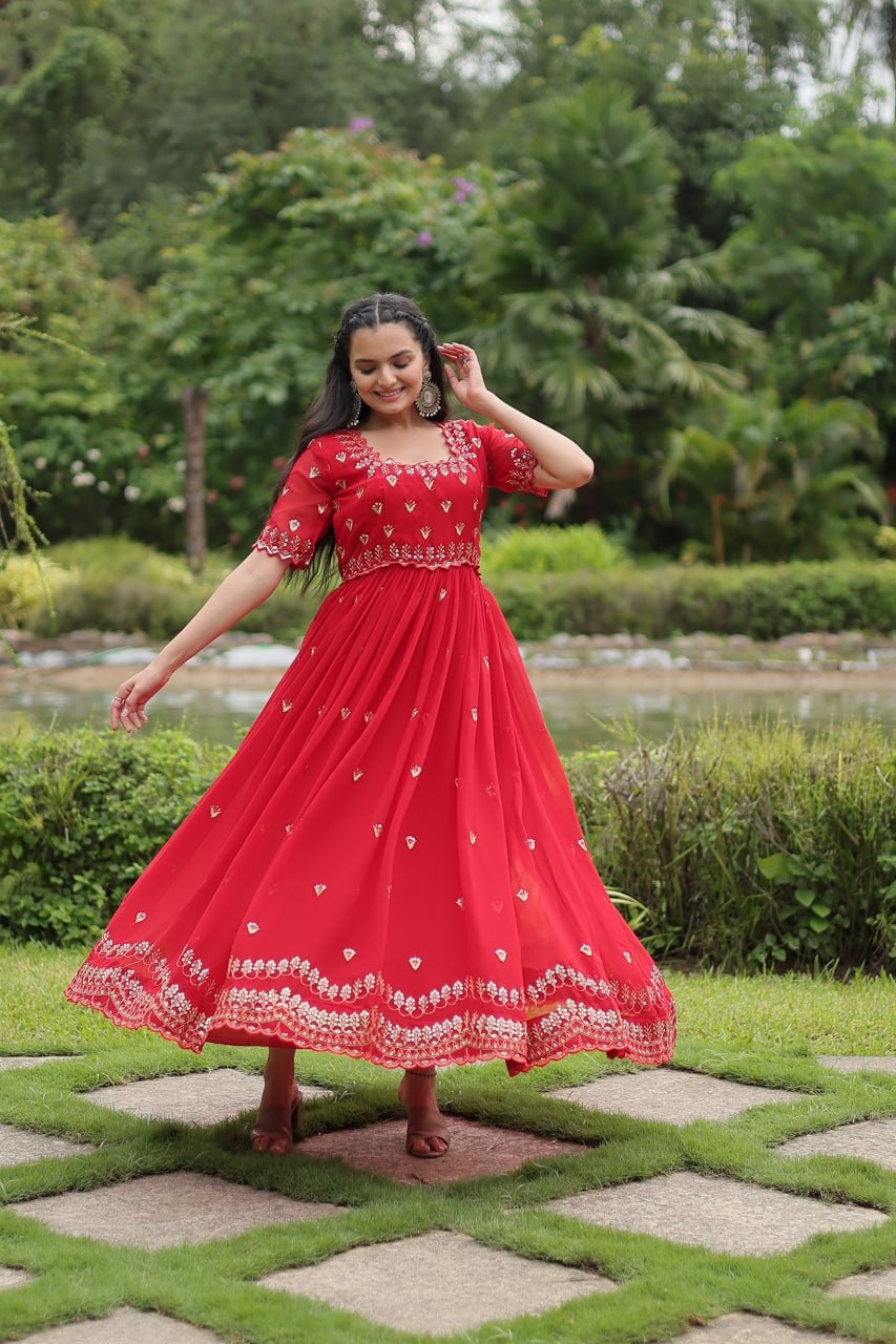 Maroon Color  Faux Blooming with Embroidery Zari Sequins-work Gown