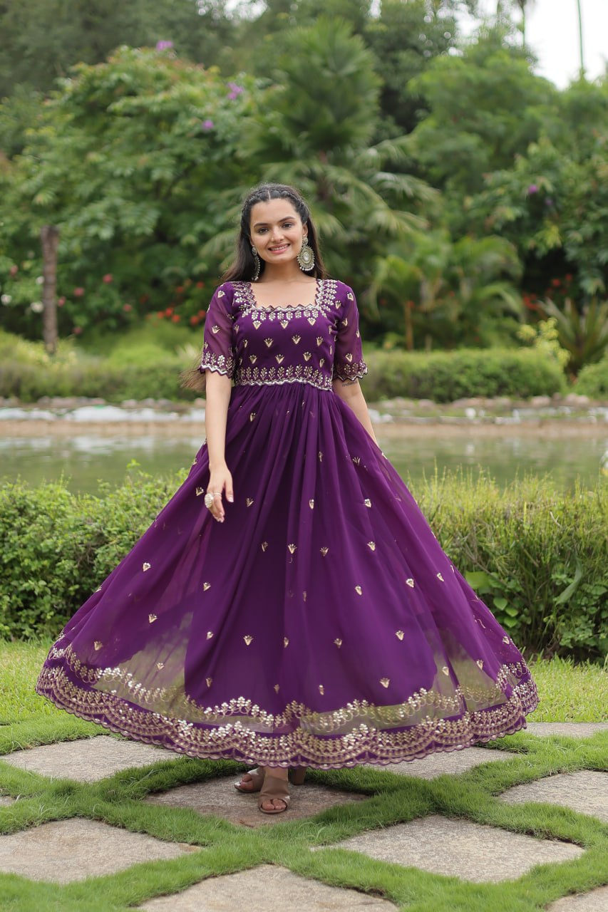 Purple Color  Faux Blooming with Embroidery Zari Sequins-work Gown