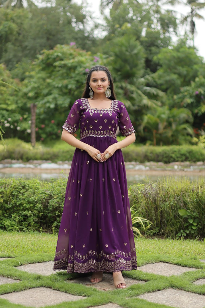 Purple Color  Faux Blooming with Embroidery Zari Sequins-work Gown