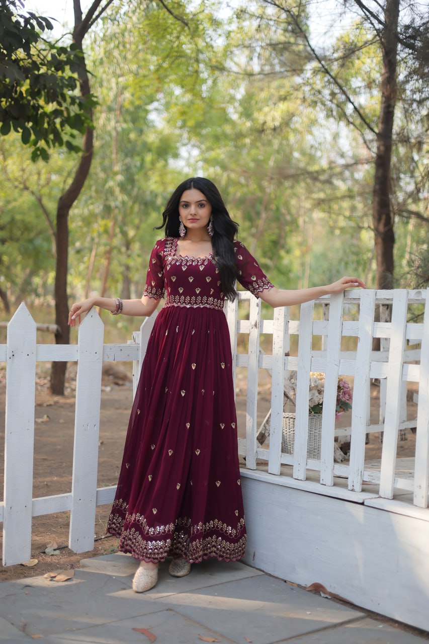 Maroon Heavy Georgette Gown Kurta With Heavy Embroidery Work And Sequins hot Work With Georgette Dupatta For Women, Maroon Gown,Bridesmaids Gown