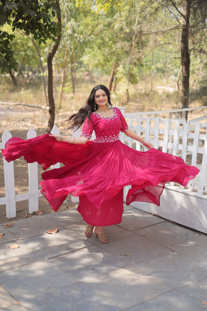 Pink Faux Blooming with Beads embroidery-work Gown