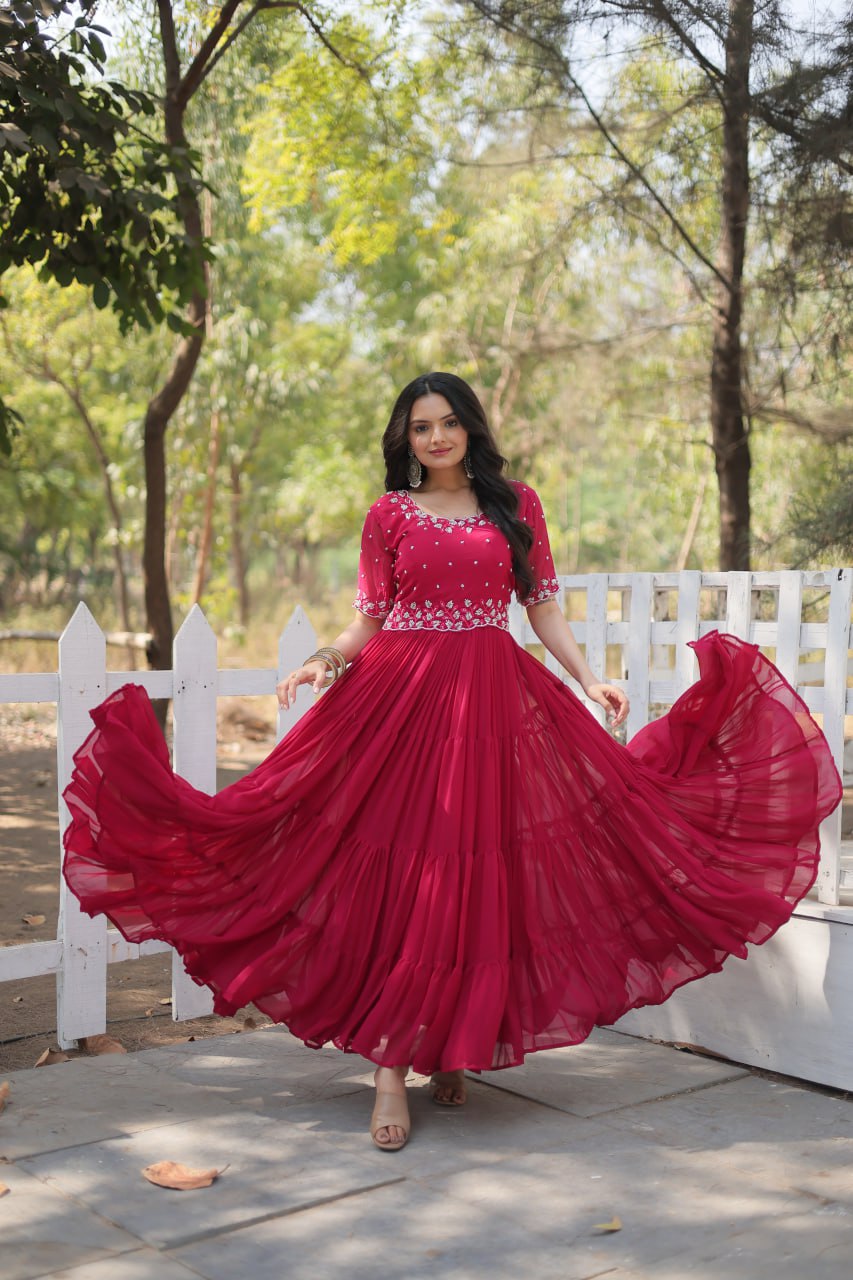 Pink Faux Blooming with Beads embroidery-work Gown