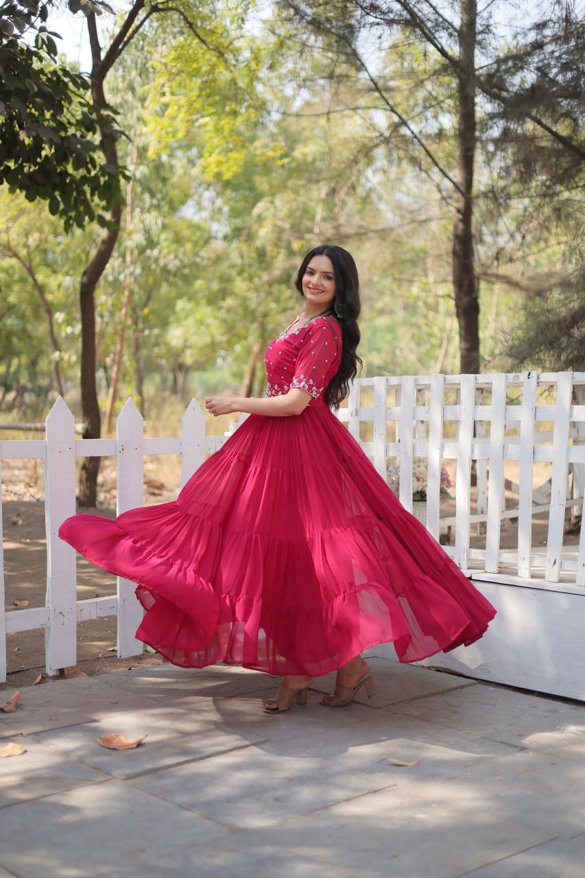 Pink Faux Blooming with Beads embroidery-work Gown