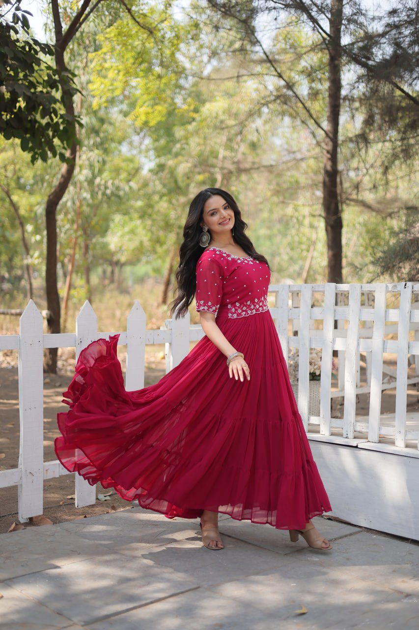 Pink Faux Blooming with Beads embroidery-work Gown