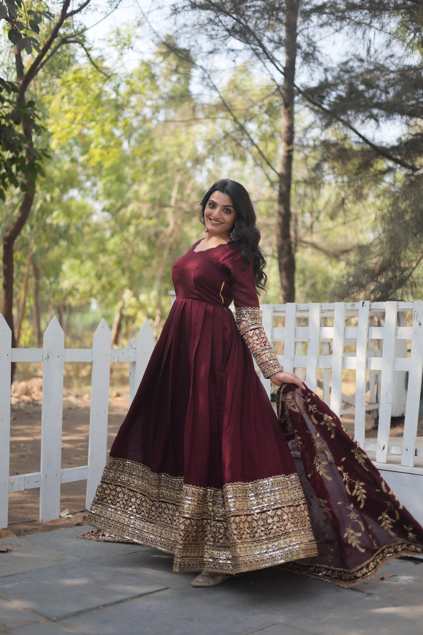 Dark Maroon Vichitra Shimmer with Rich Sequins Embroidered work