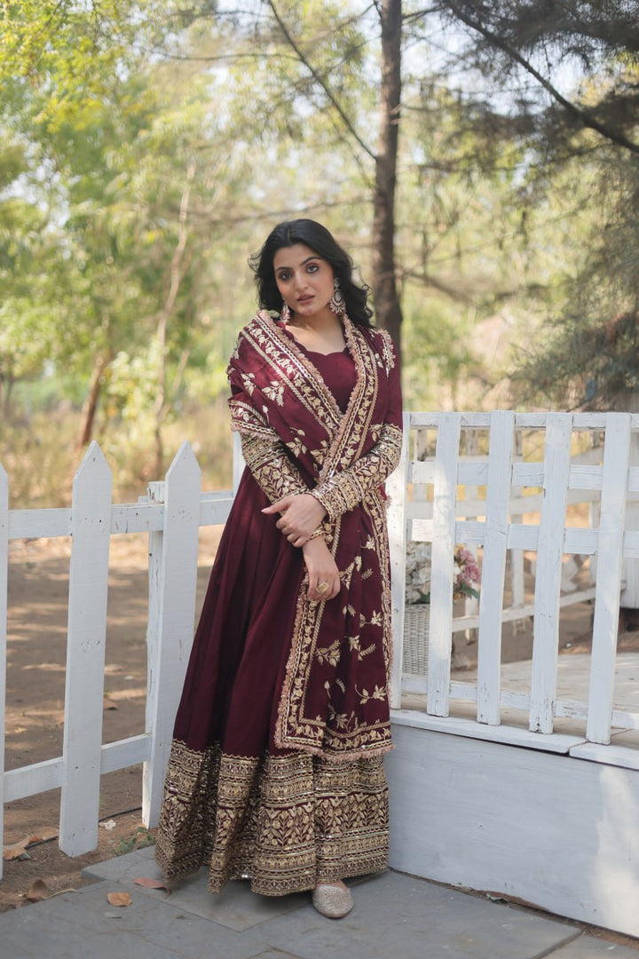 Dark Maroon Vichitra Shimmer with Rich Sequins Embroidered work