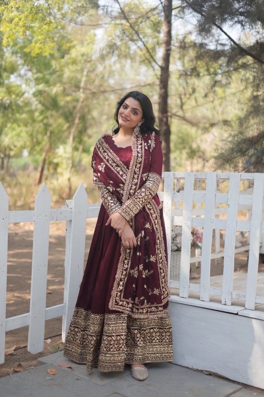 Dark Maroon Vichitra Shimmer with Rich Sequins Embroidered work