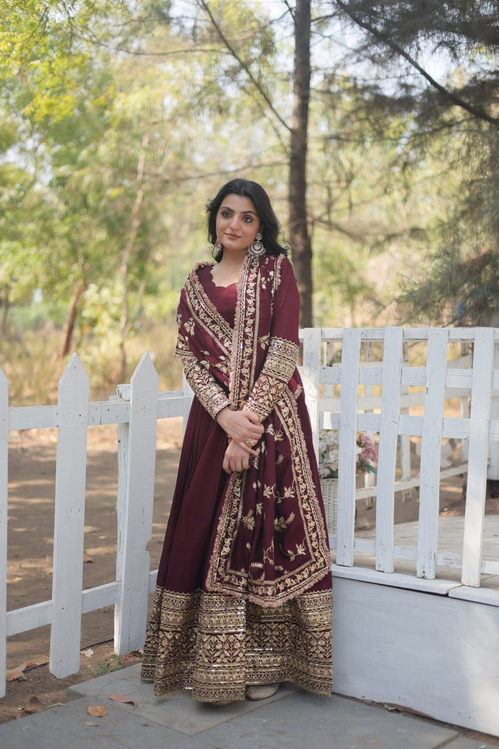 Dark Maroon Vichitra Shimmer with Rich Sequins Embroidered work