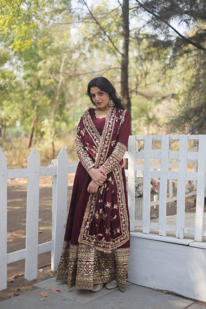 Dark Maroon Vichitra Shimmer with Rich Sequins Embroidered work